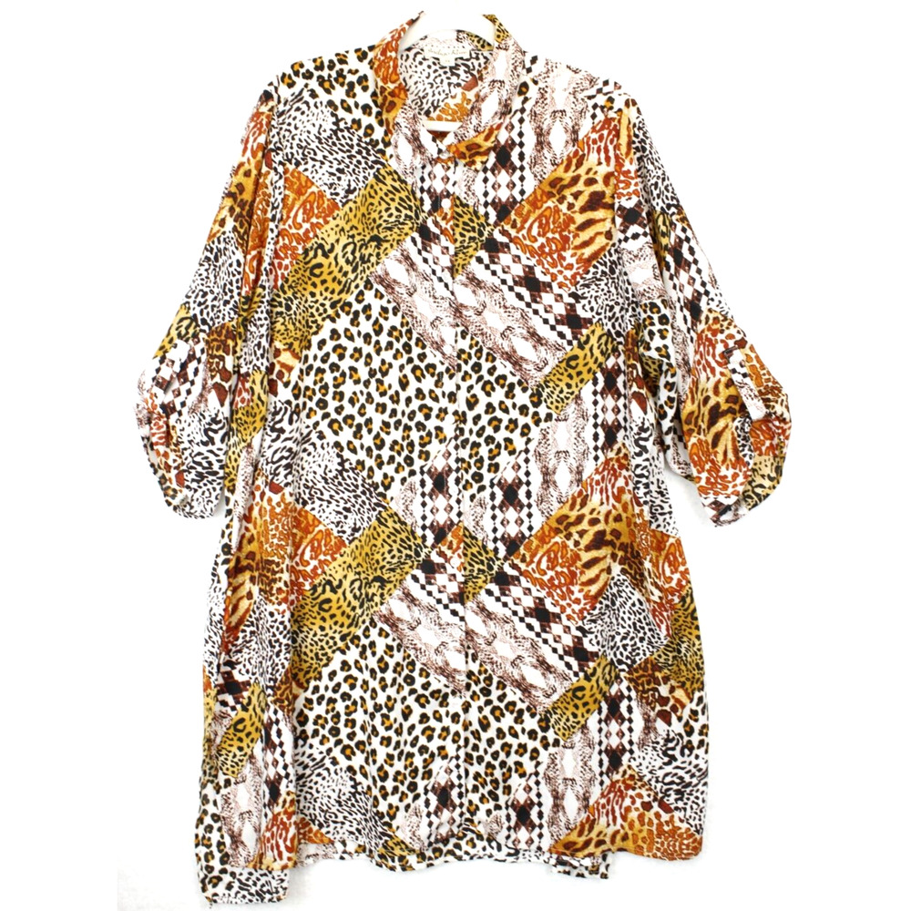 Indigo Rose Tunic Top Multi Animal Print Women 3X Boho Roll Tab 3/4 Sleeves‎